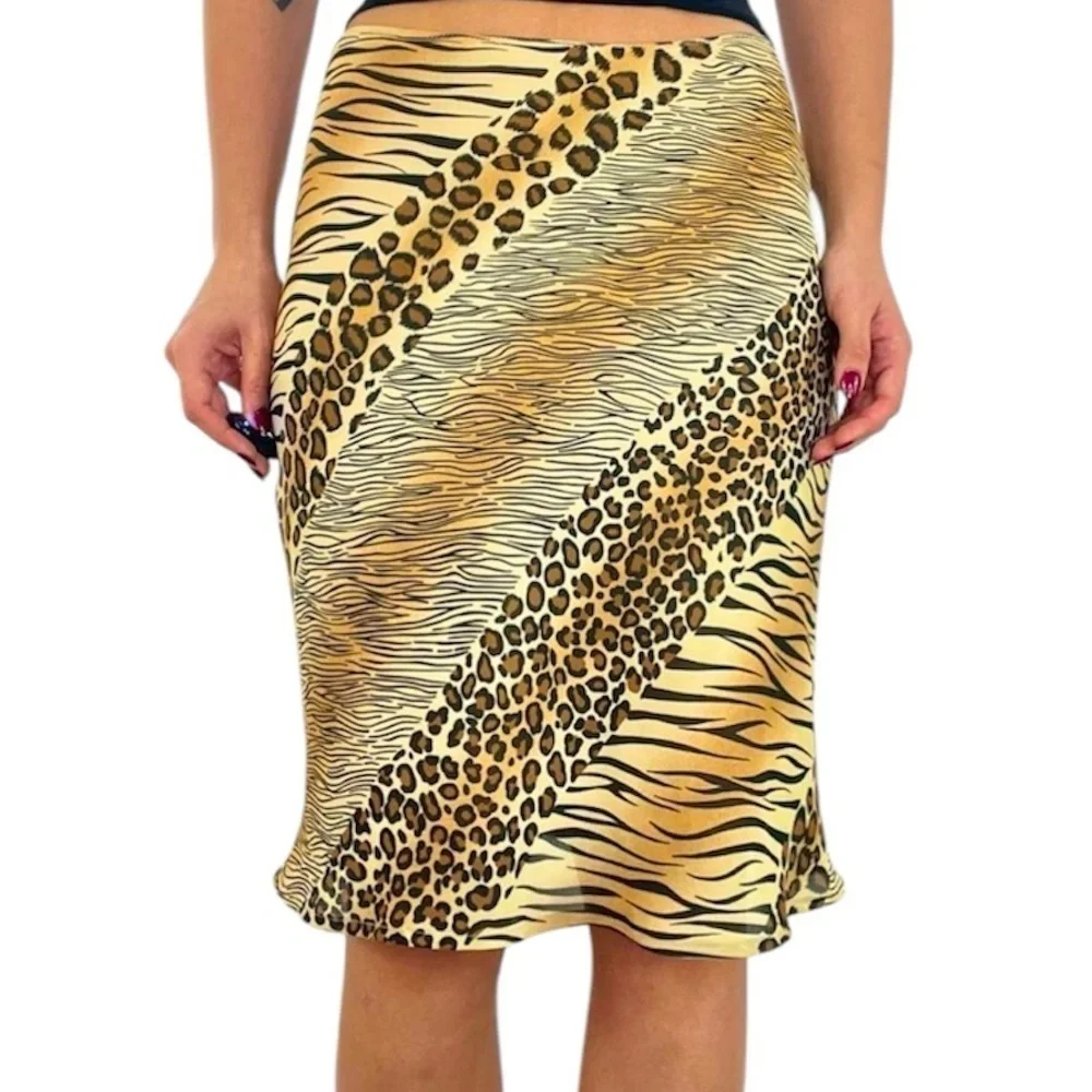 Express Y2K Mixed Animal Print Knee Length Midi Skirt Medium